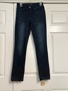 CHARLIE B Dark Blue Ankle Jeans with Lace Trim